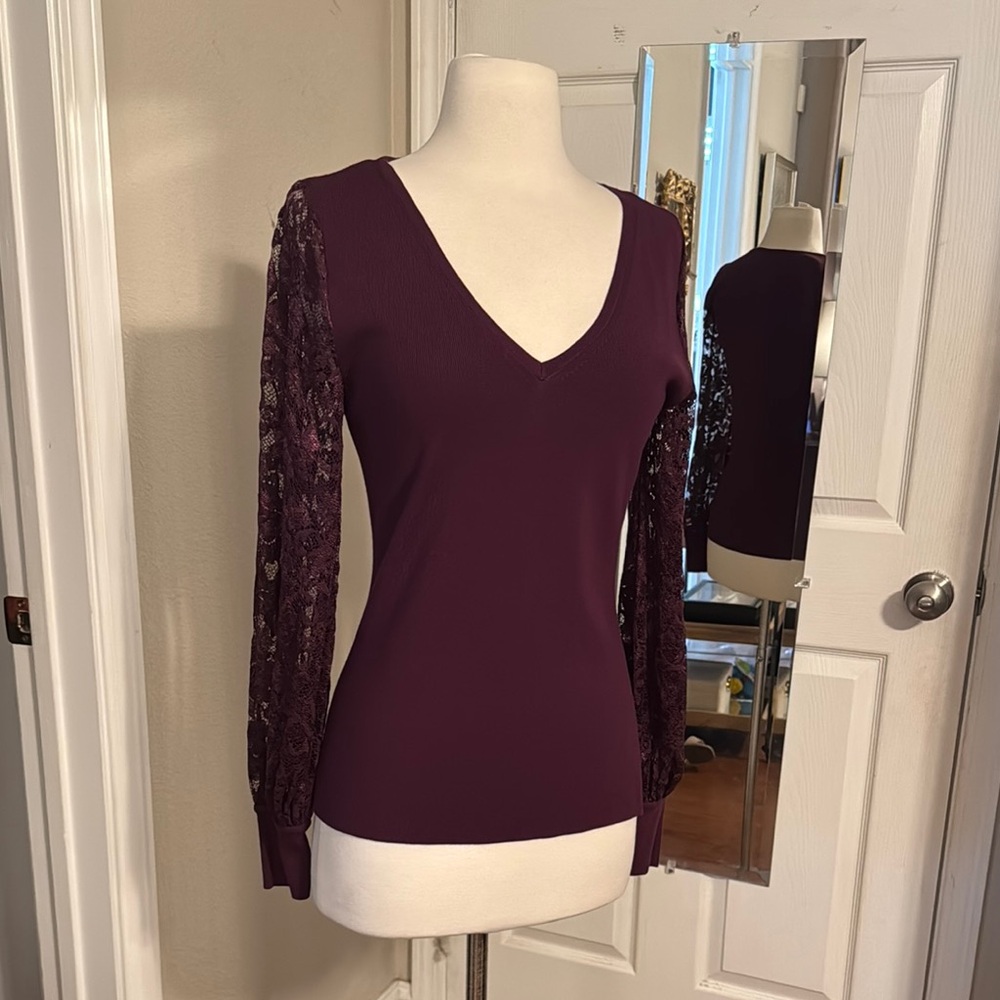 WHBM Fitted Burgandy Sweater Lace Sleeves